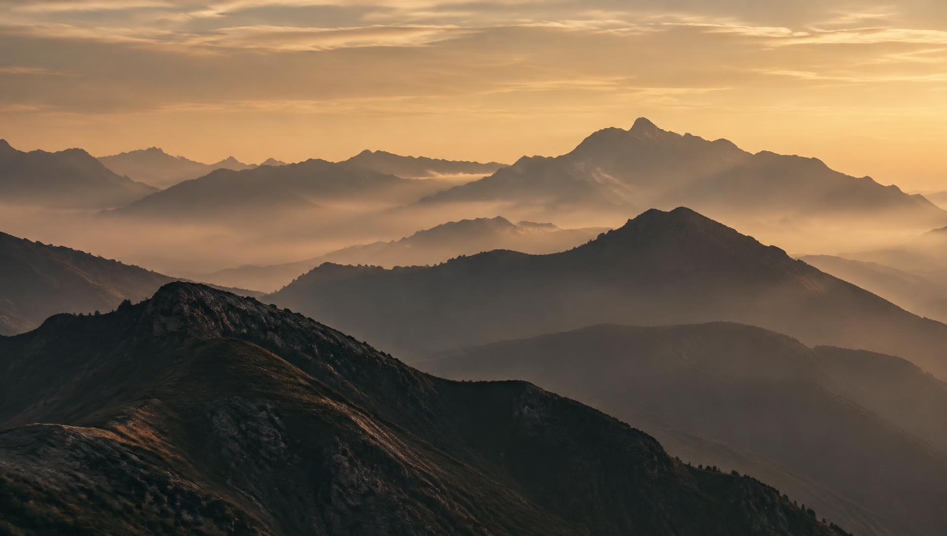 Misty mountain ridges glowing at golden hour